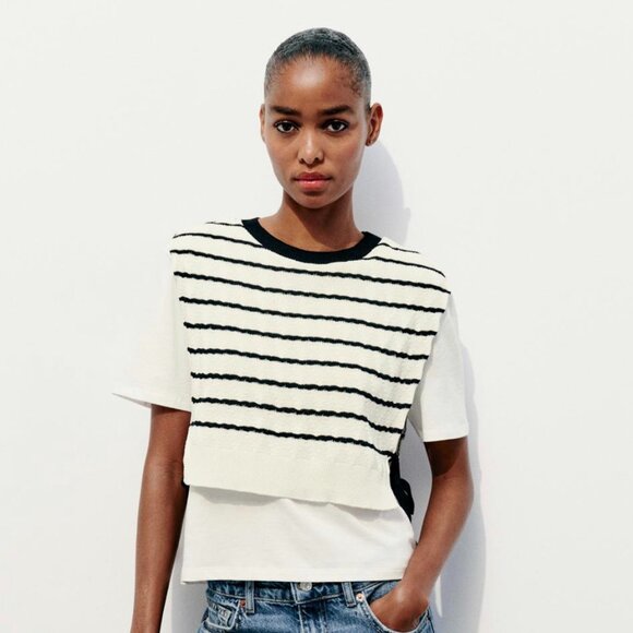 NWT ZARAContrasting  White and Black Striped Shirt US Small - Picture 1 of 15